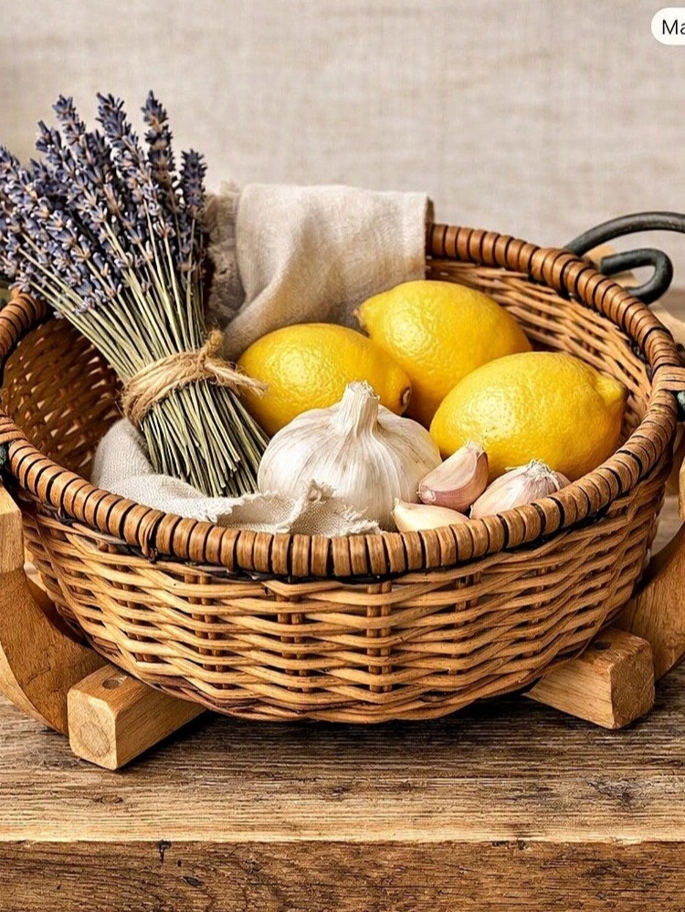 Wicker Basket with Wooden Stand in Brown
